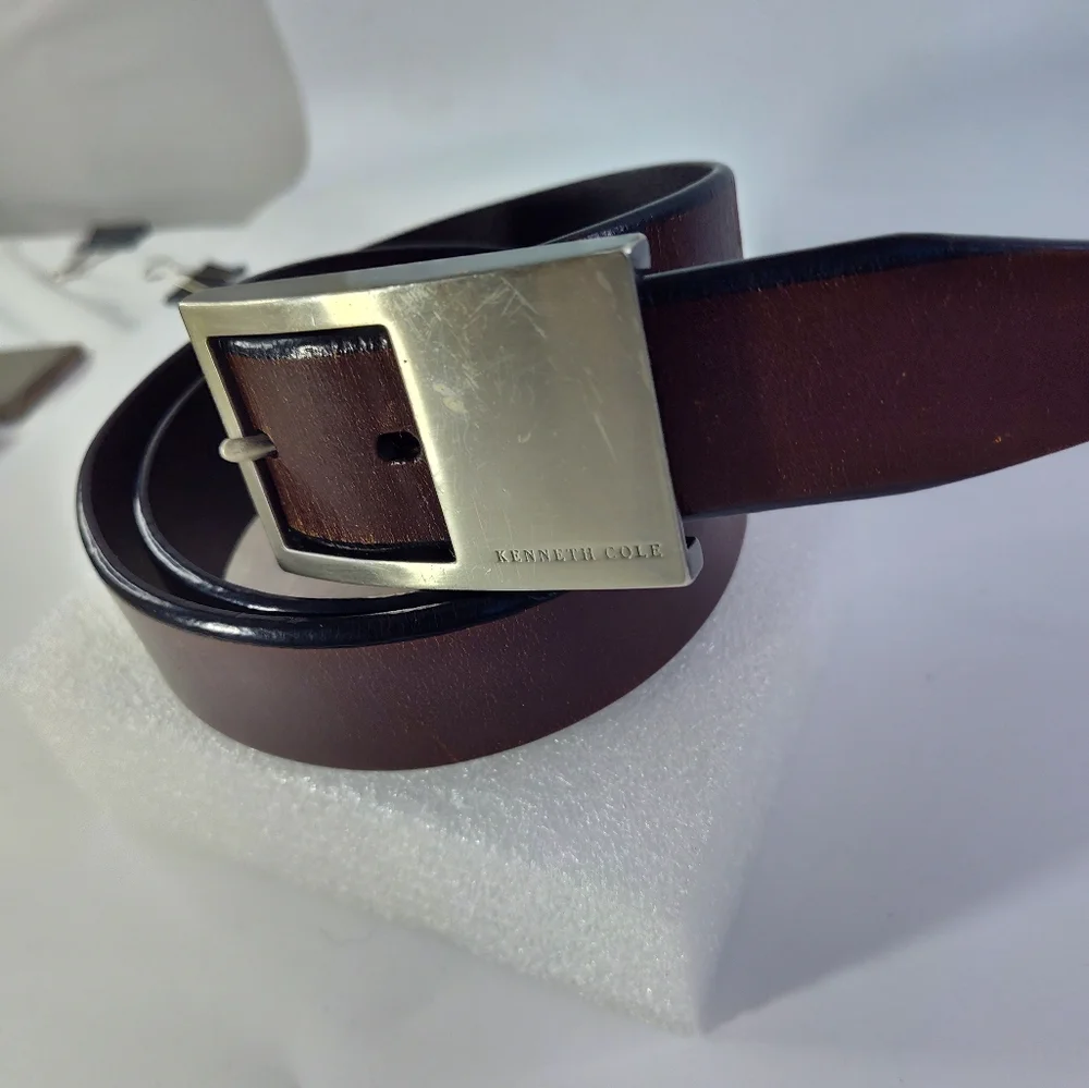 Kenneth Cole Mens Sz 36 /90 Brown Genuine Leather Belt Silver Brass Buckle Logo